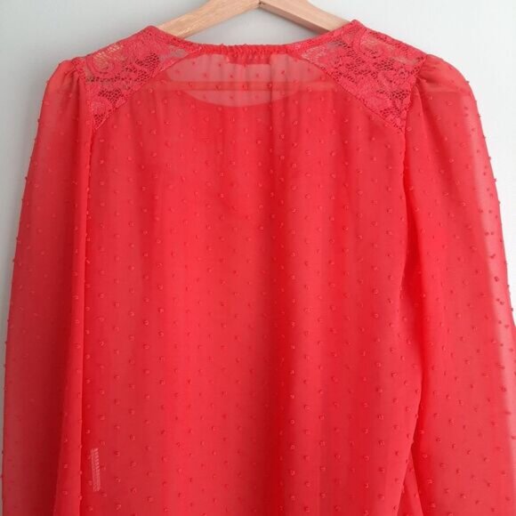 NUNA LIE Swiss Dot & Lace Semi-Sheer Lightweight Blouse Top Coal Red Sz S - Picture 9 of 12